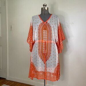 Khushbu orange and white short caftan coverup, one size